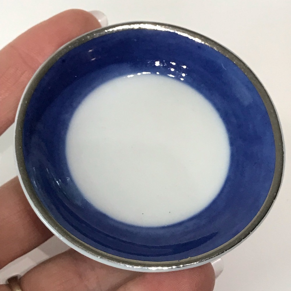 Vintage Bombay Company 2.75 In Tiny Blue Pin Tea Dish Tray Bowl Silver Gilt Rim